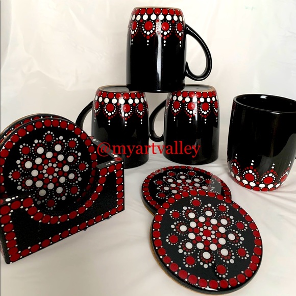Handpainted Coaster set with 4 coffee Mugs-9pieces